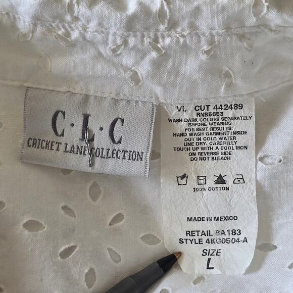 Y2K CLC White Cotton Eyelet Lace Shirt Button-Up Academia Resort Office Top Sz L - Picture 7 of 8